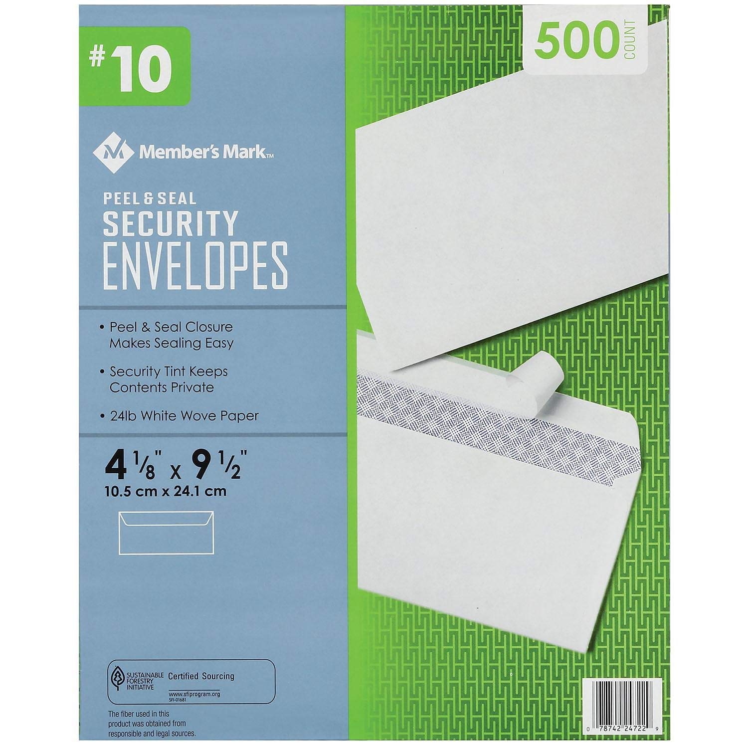 Members Mark #10 Envelopes Double Window Security Peel & Stick 500ct