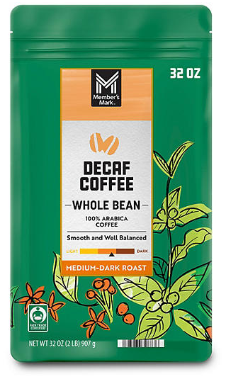 Members Mark Coffee Decaf Whole Bean Medium Dark Roast 32oz